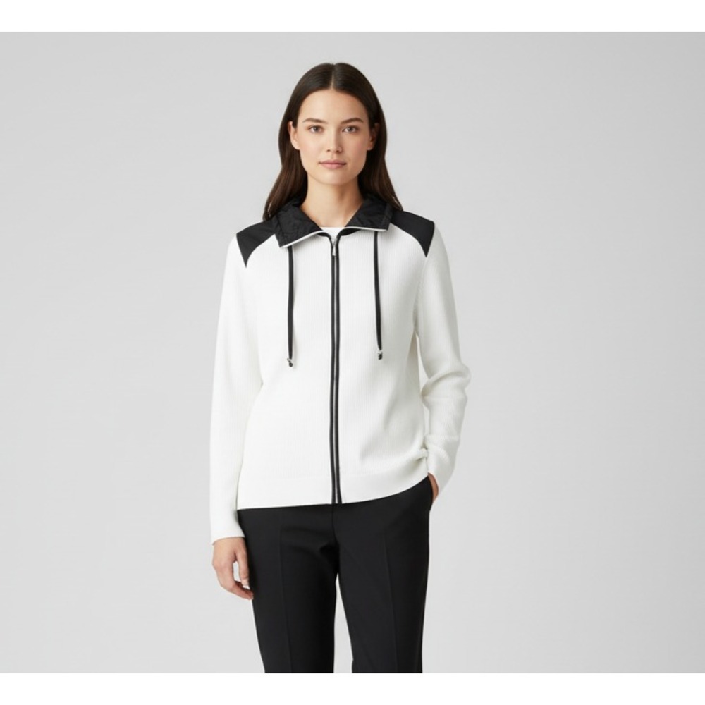 Chico's Weekends M Jacket White Black Knit Zip Athleisure Casual Minimalist Mod